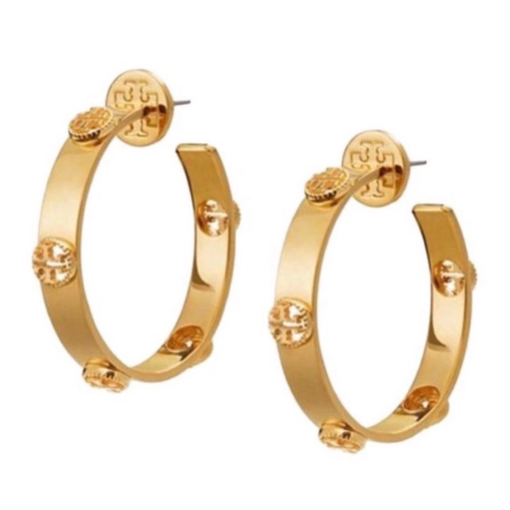 Tory Burch Polished Gold Logo-Stud Hoop Earrings